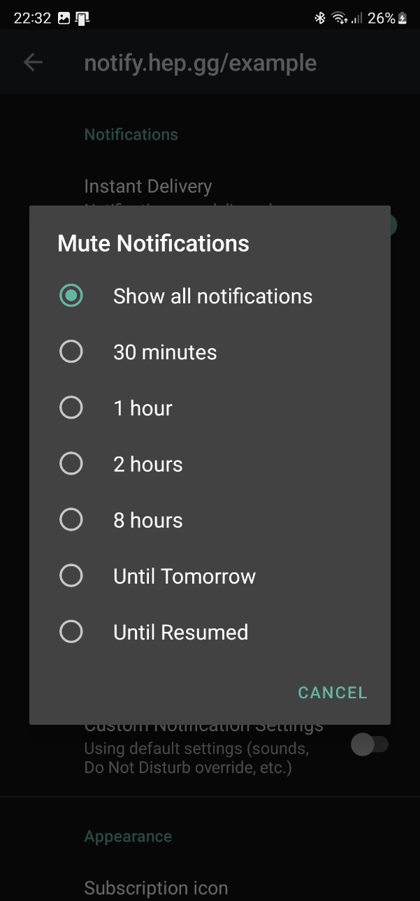 Android Notifier Mute Menu