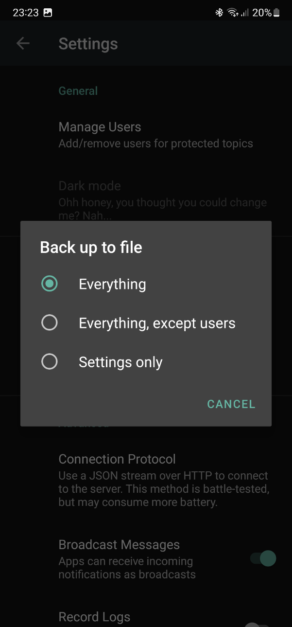Android Device Backup Menu Example