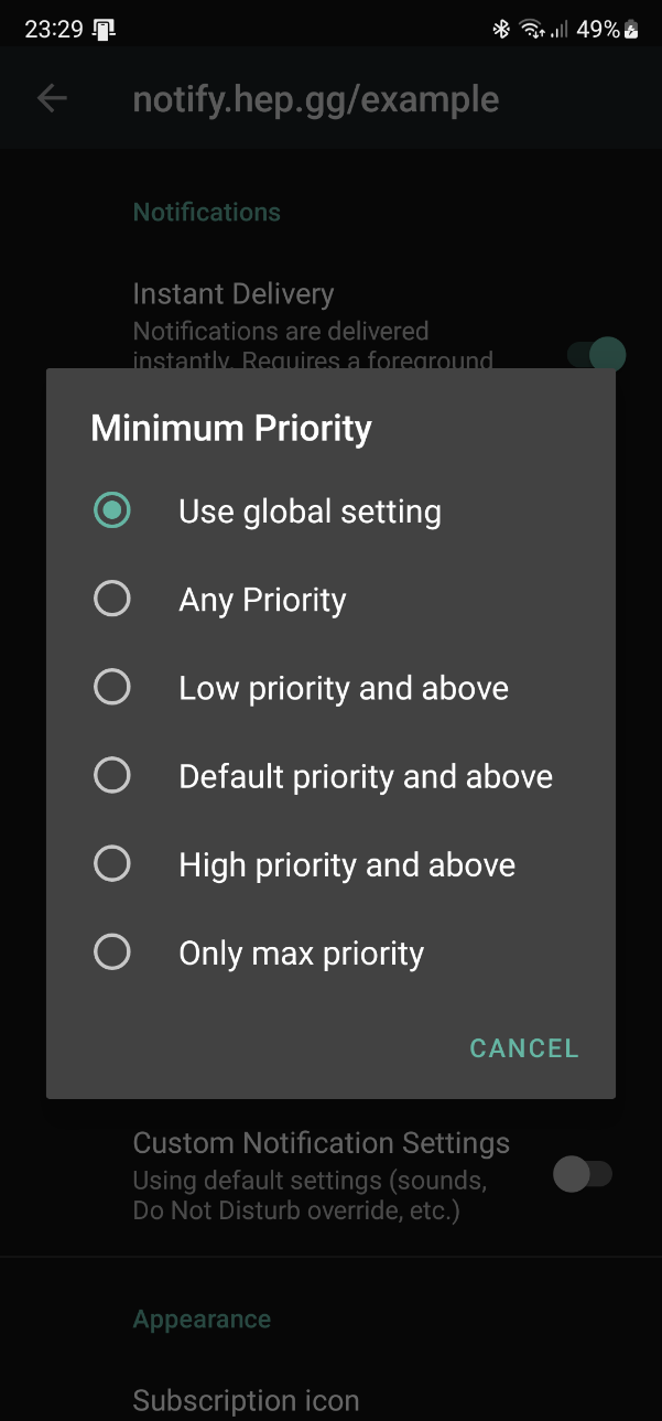Android Notifier Priority Menu