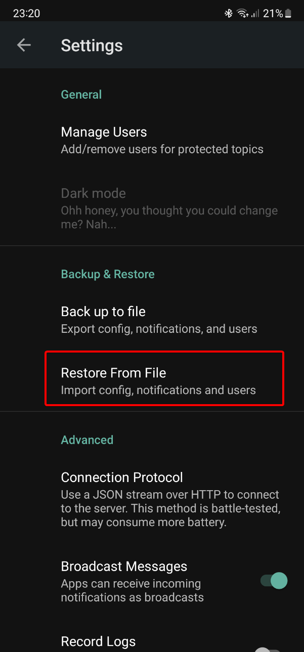 Android Notifier Settings Restore Highlight