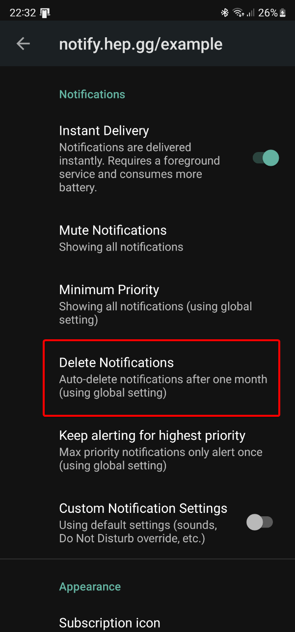 Android Notifier Settings Delete Highlight