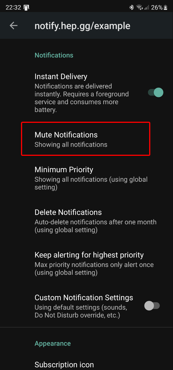 Android Notifier Settings Mute Highlight