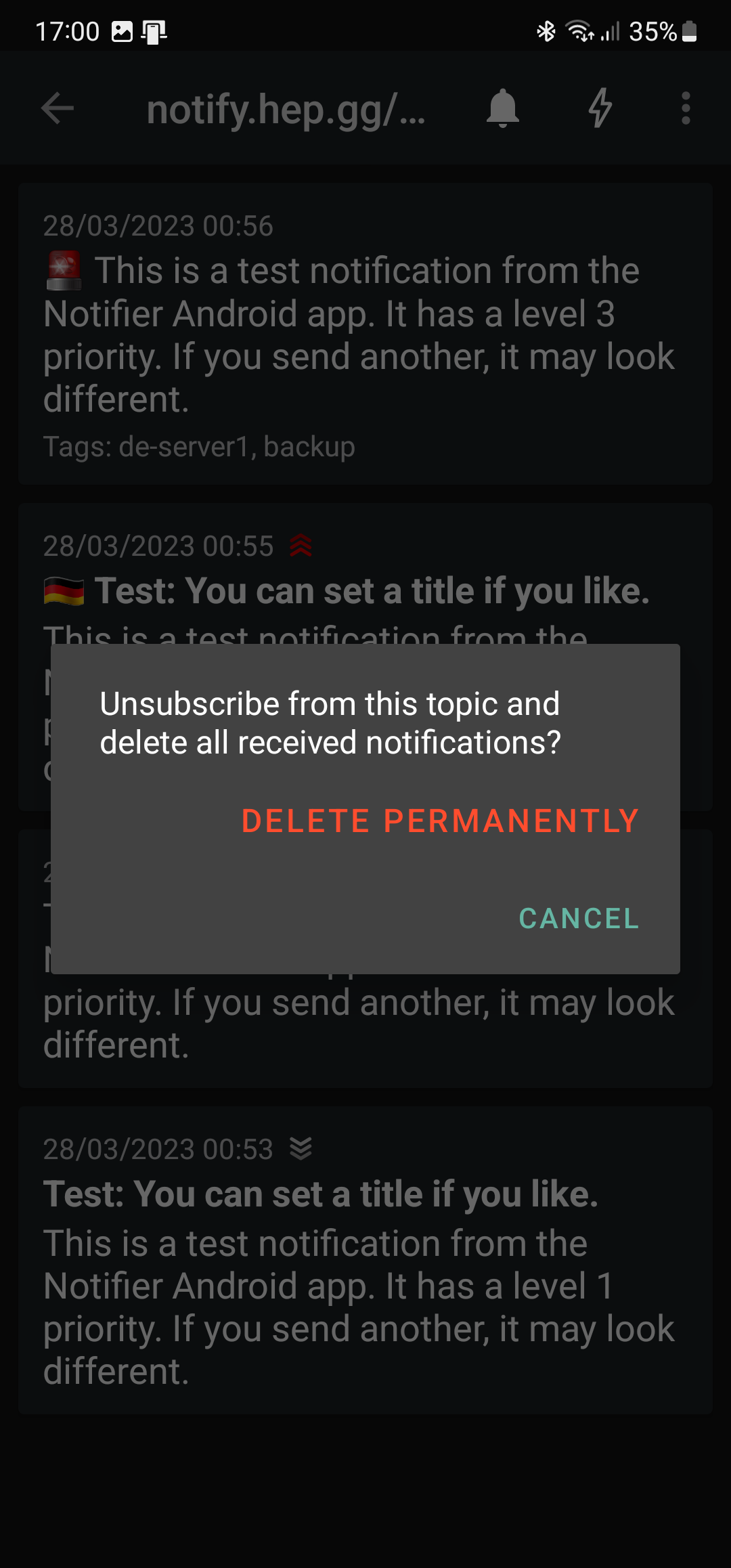 Android Notifier Delete Confirmation