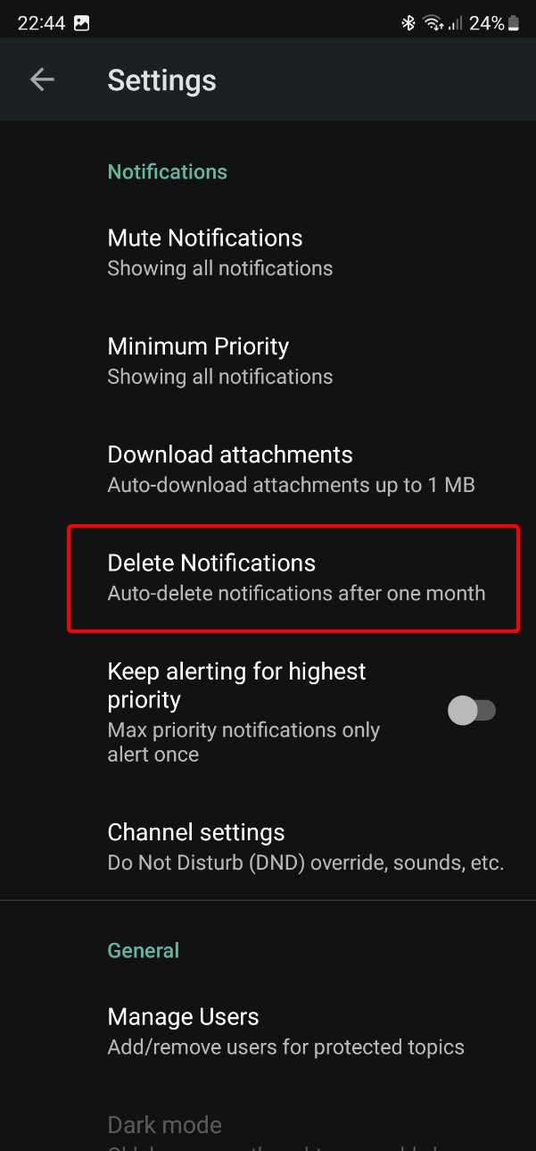 Android Notifier Settings Auto-Del Highlight