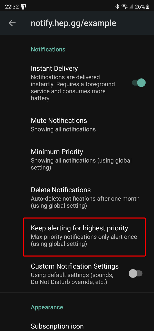 Android Notifier Settings High Priority Highlight